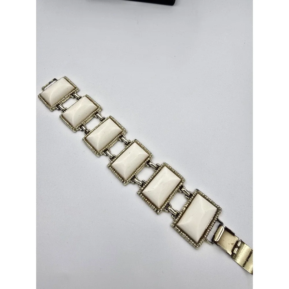 Vintage Gold Tone White Thermoset Panel Link Bracelet Mid-Century Modern Style